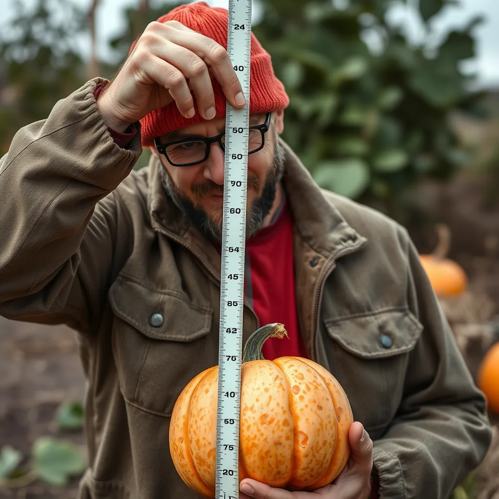 a man use soft measurement to measure a pumpkin height generated by AI